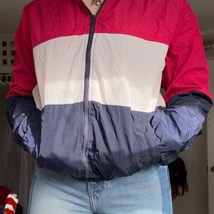 red white and blue color blocked windbreaker